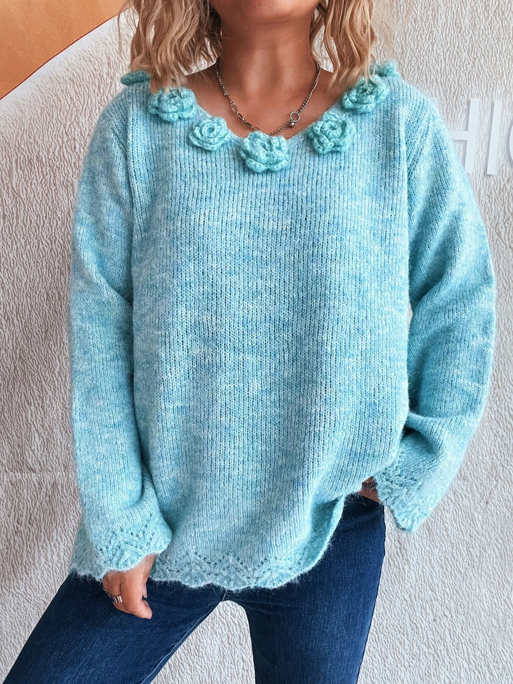 Flower V-Neck Long Sleeve Sweater