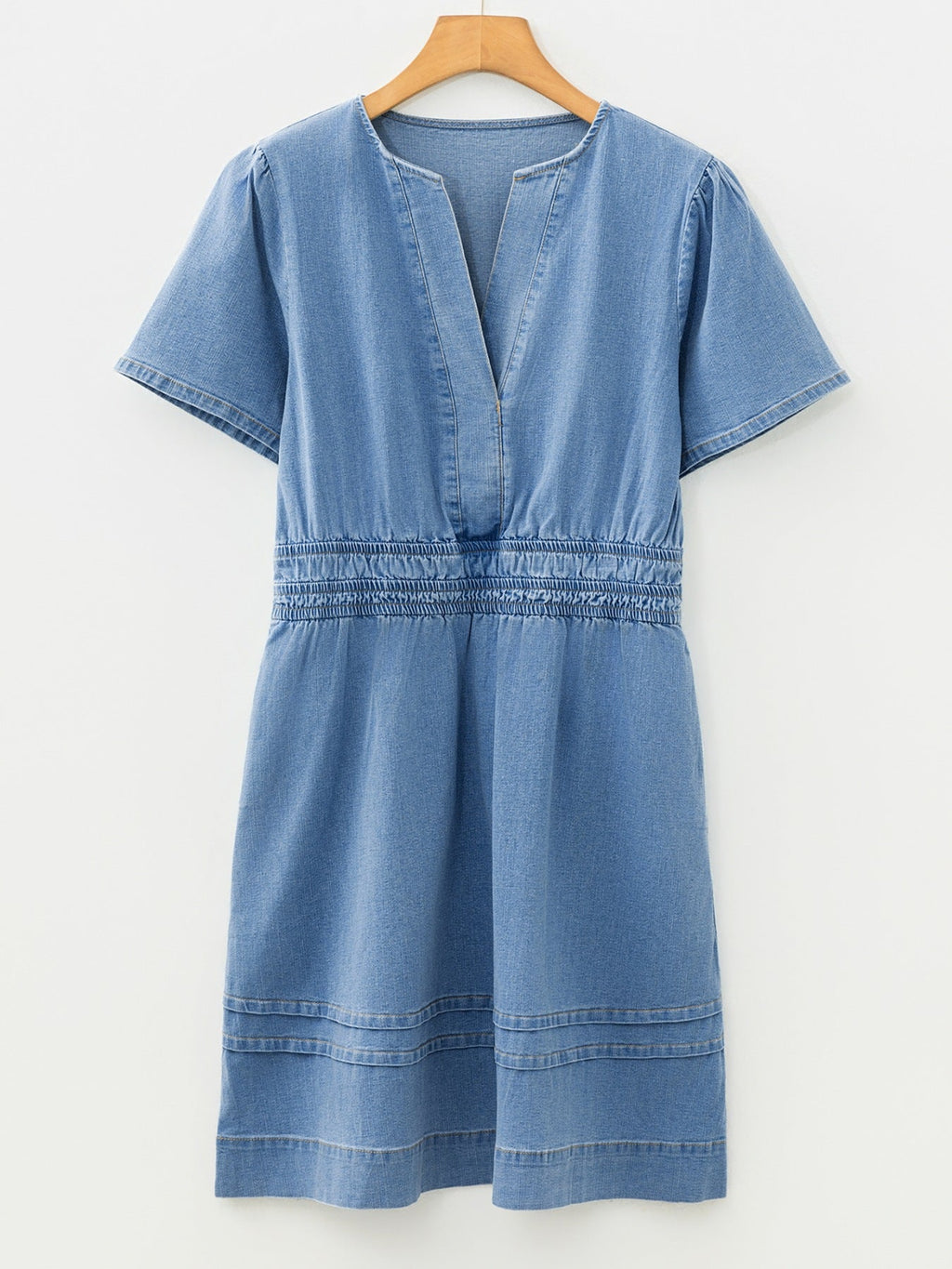 Notched Short Sleeve Denim Dress