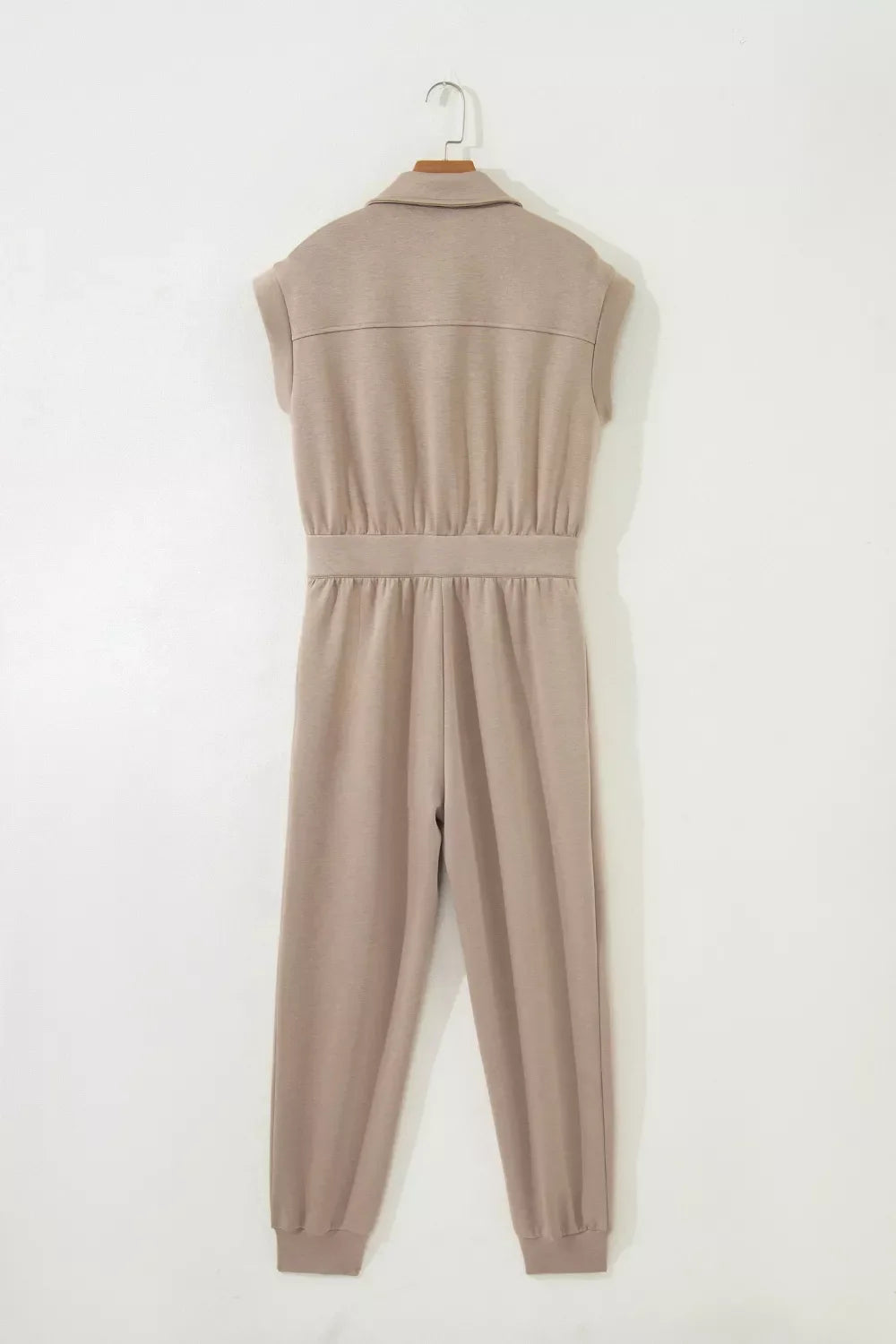Solid Color Zip Front Short Sleeve Collared Jumpsuit