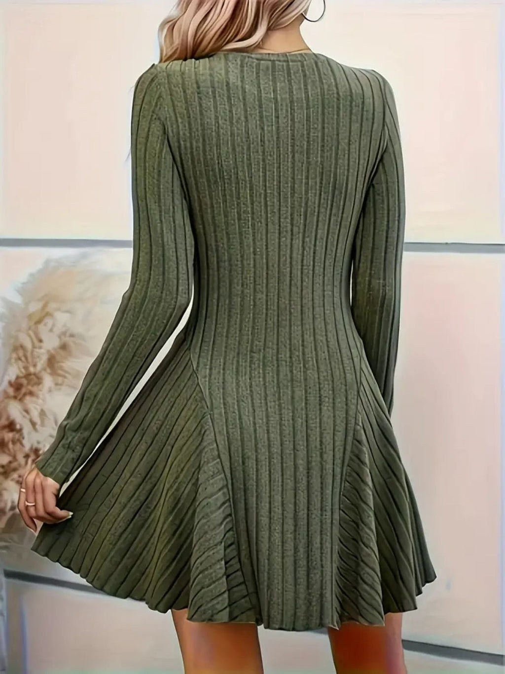Ribbed Knit Long Sleeve A-Line Dress