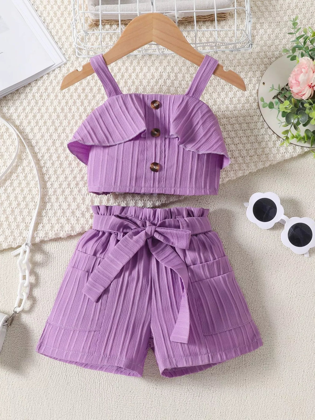 Children's Ribbed Ruffle Trim Top & Shorts Set