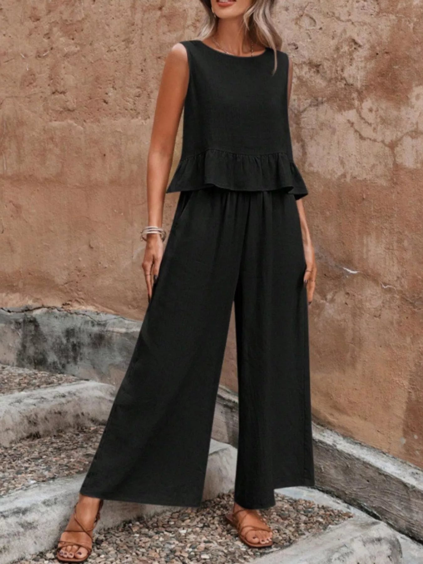 Sleeveless Ruffle Hem Top and Wide Leg Pants Two-Piece Set