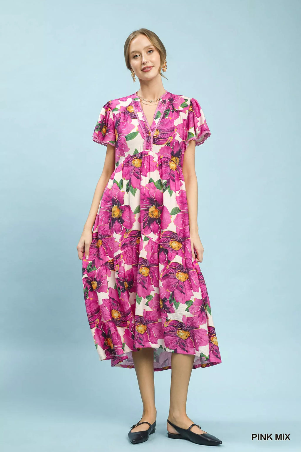 Umgee Tropical Floral V-Neck Flutter Sleeve Tiered Midi Dress