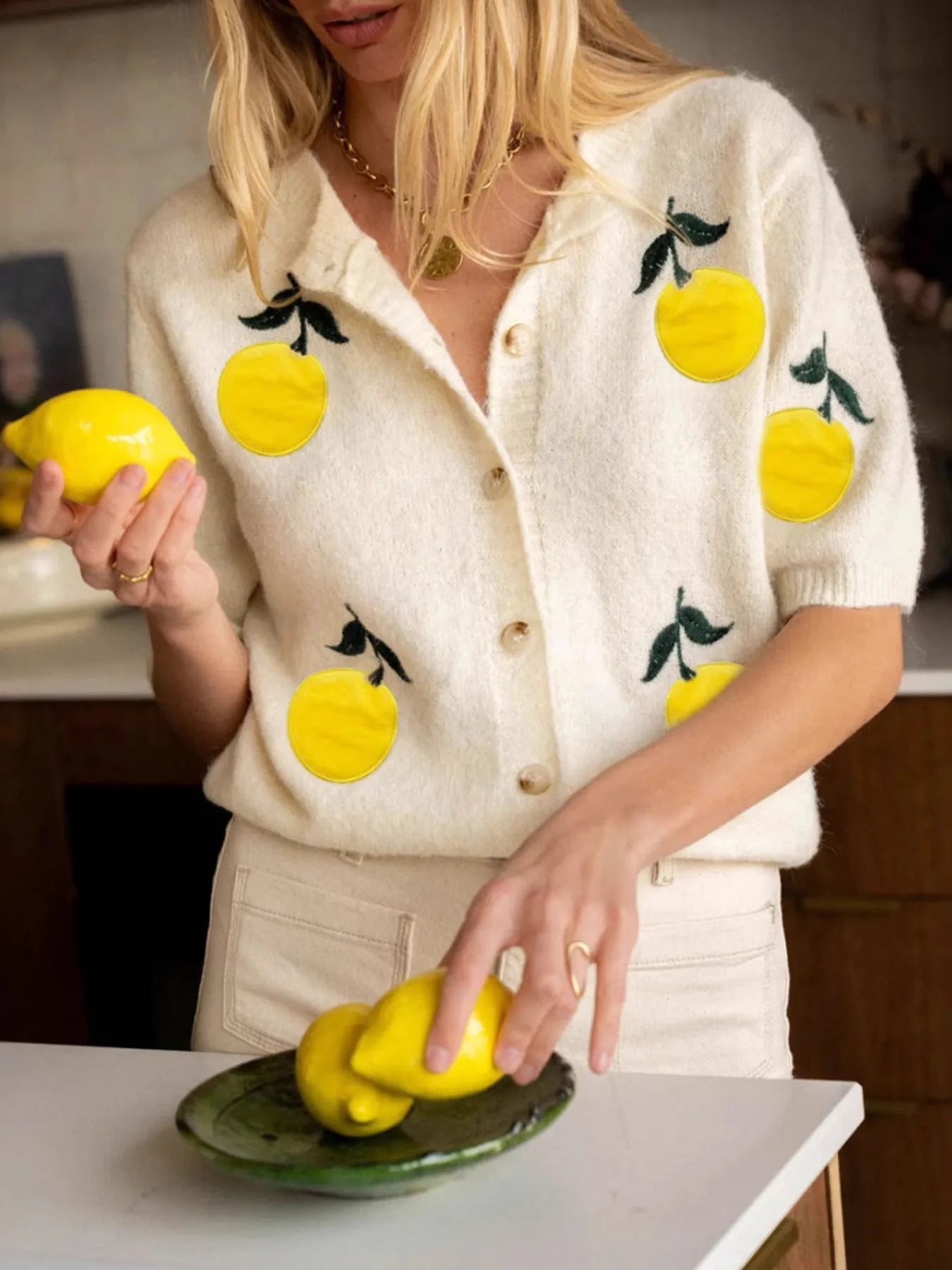 Lemon Button-Up Short Sleeve Cardigan