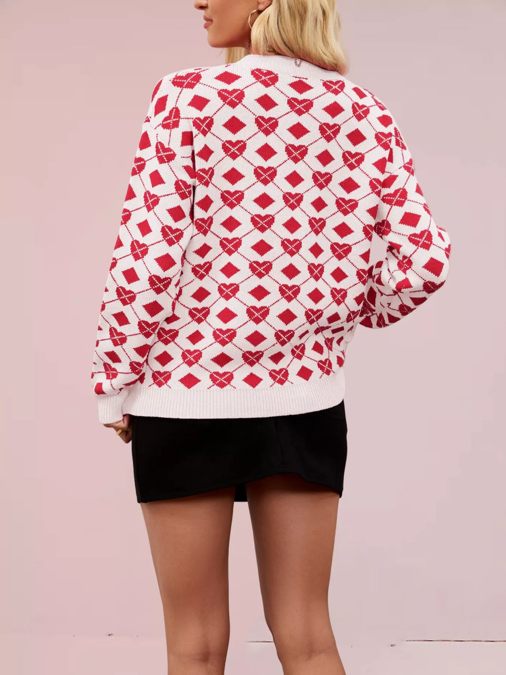 Heart & Diamond Pattern Long Sleeve Sweater