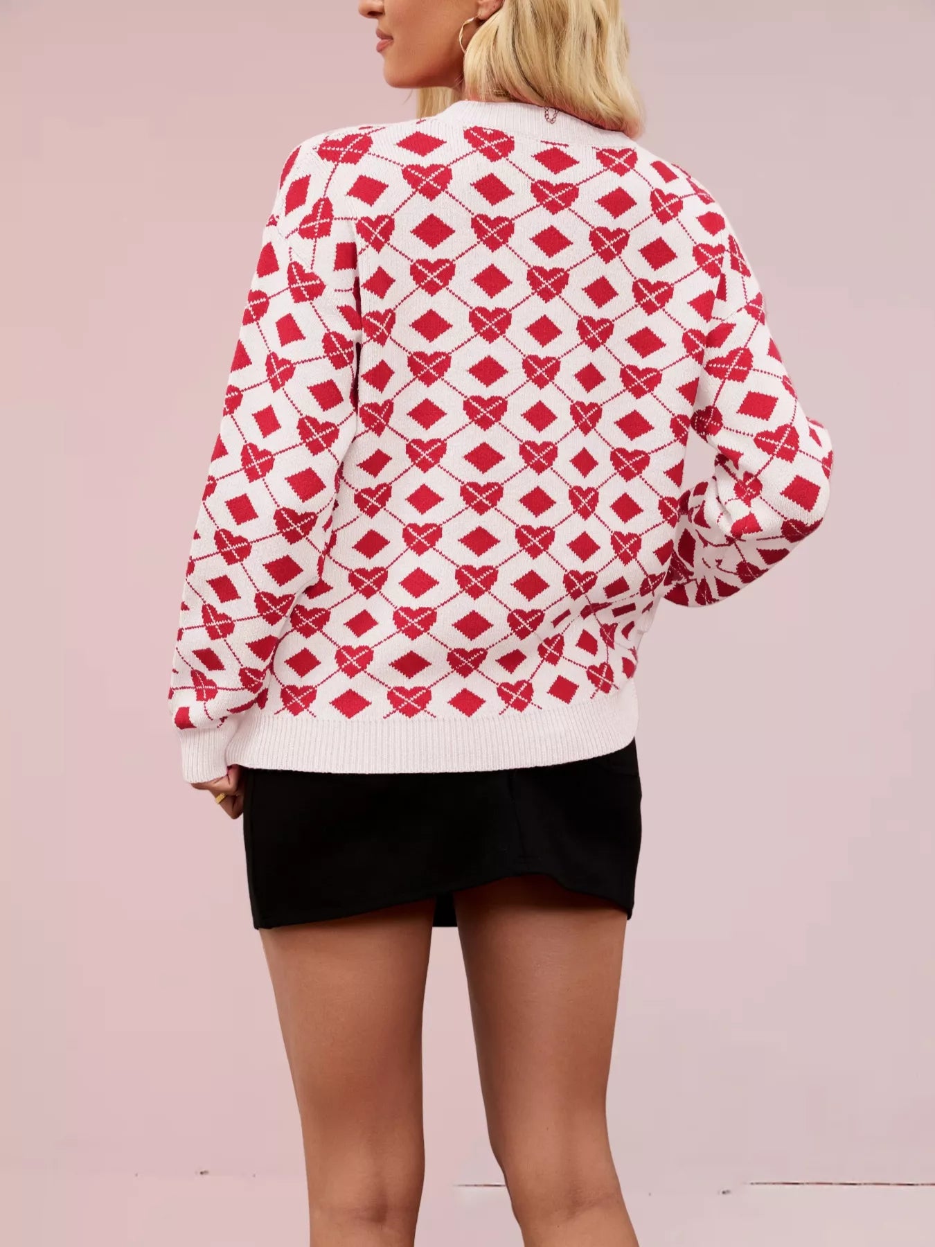 Heart & Diamond Pattern Long Sleeve Sweater