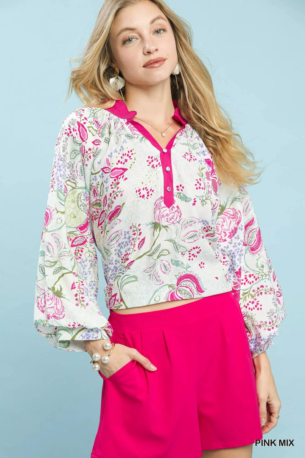 Umgee Paisley Floral Contrast Trim Blouse