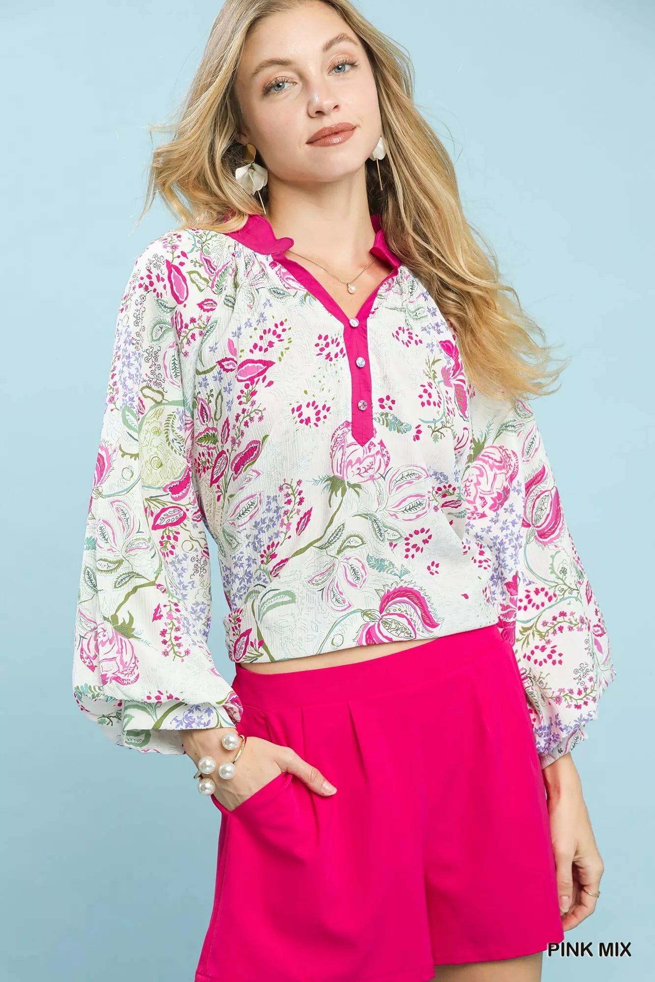 Umgee Paisley Floral Contrast Trim Blouse