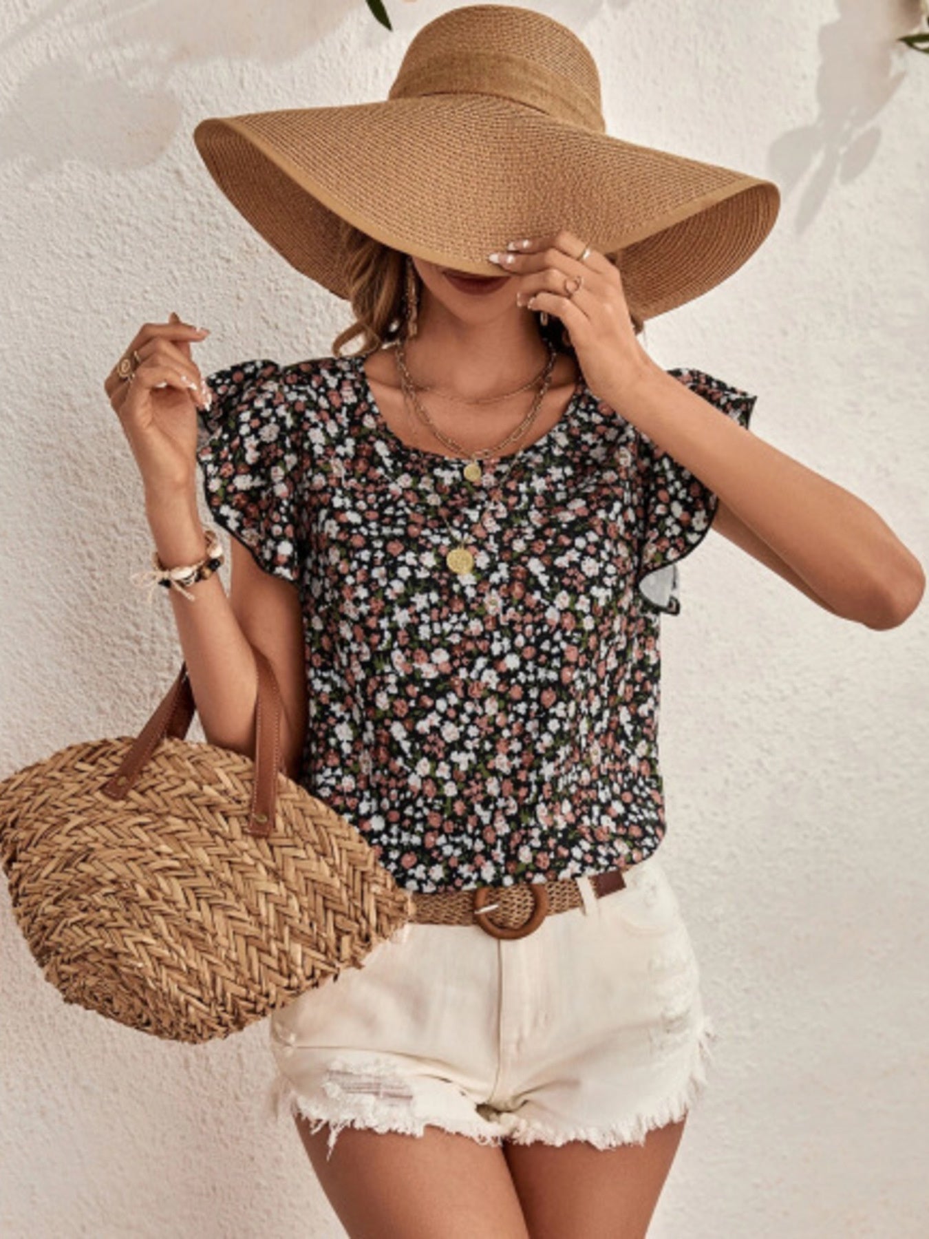 Floral Print Ruffle Sleeve Blouse