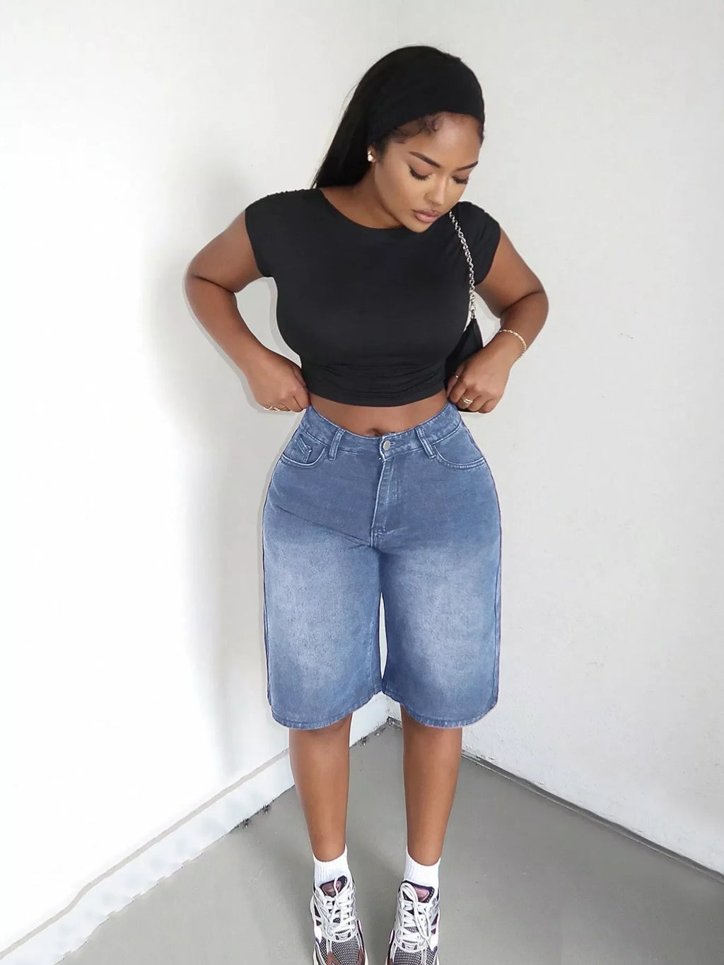 High Waisted Wide Leg Denim Shorts