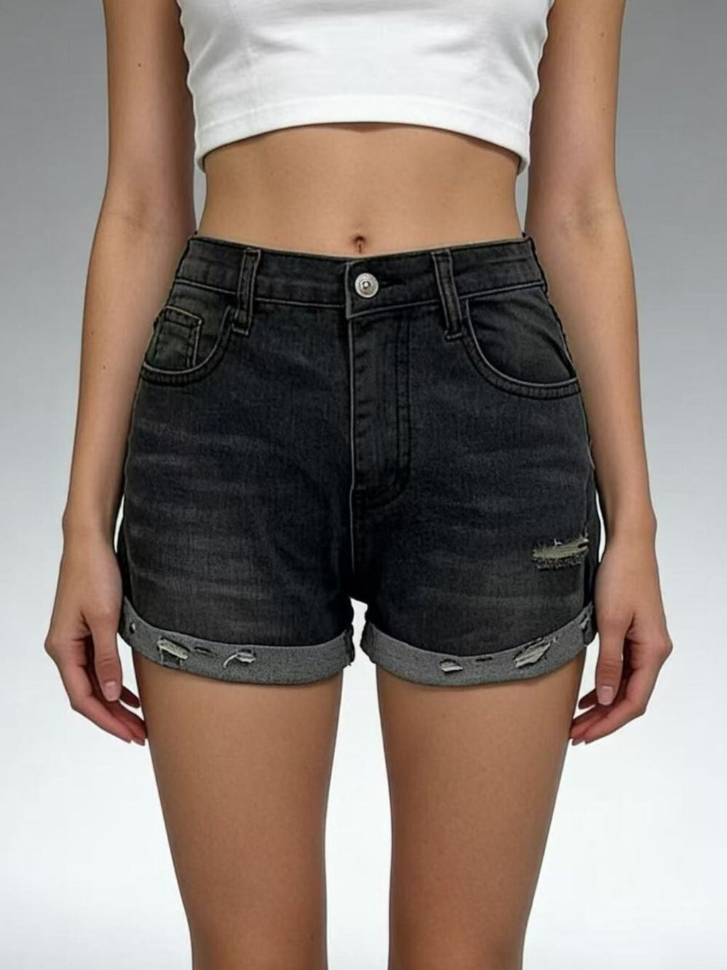 Distressed Denim Roll-Up Shorts