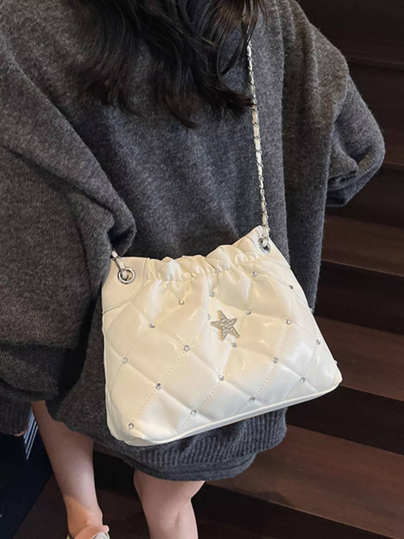 Quilted Rhinestone Star Decor Shoulder Bag
