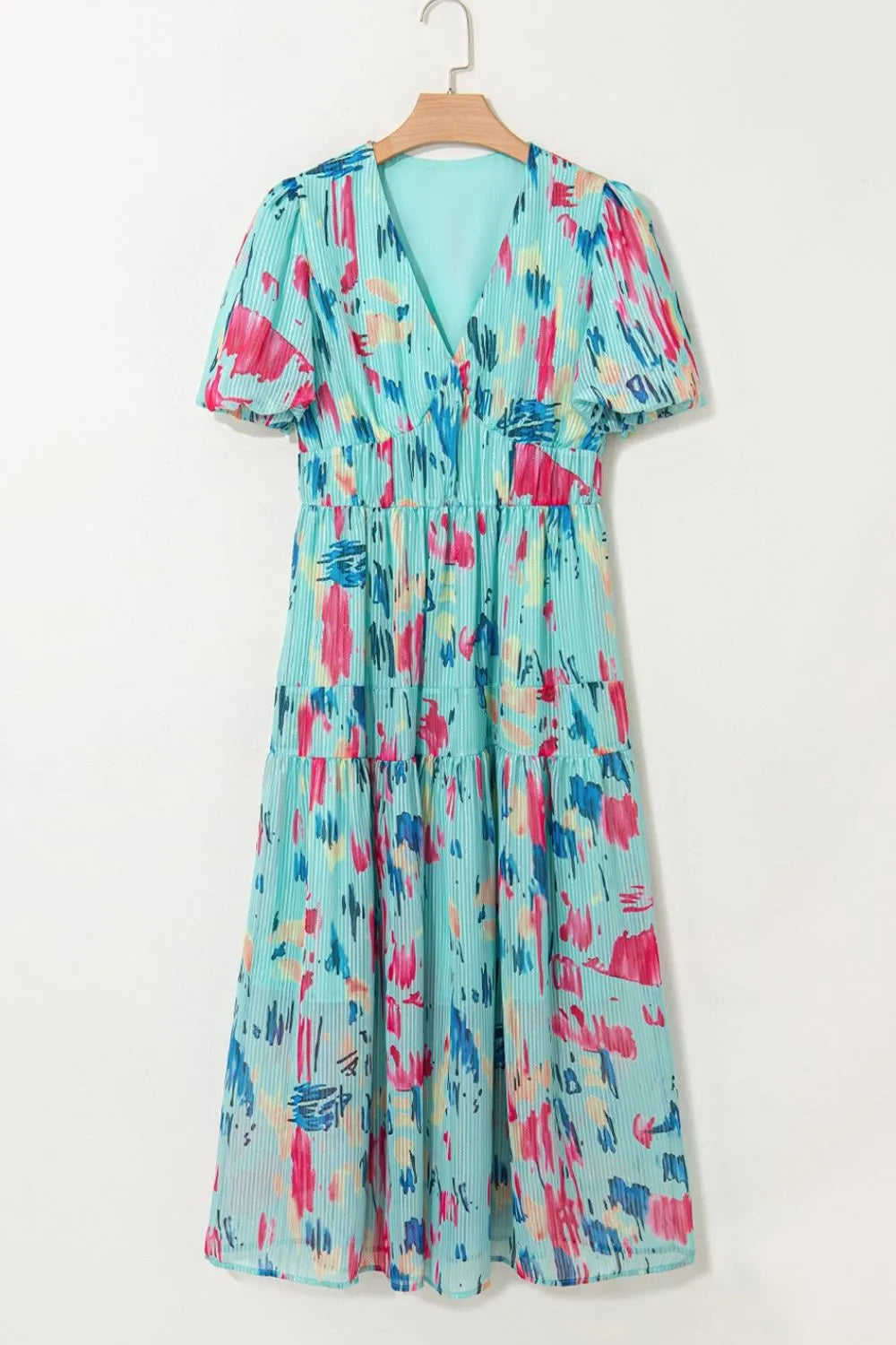 Abstract Print Short Puff Sleeve Tiered Maxi Dress