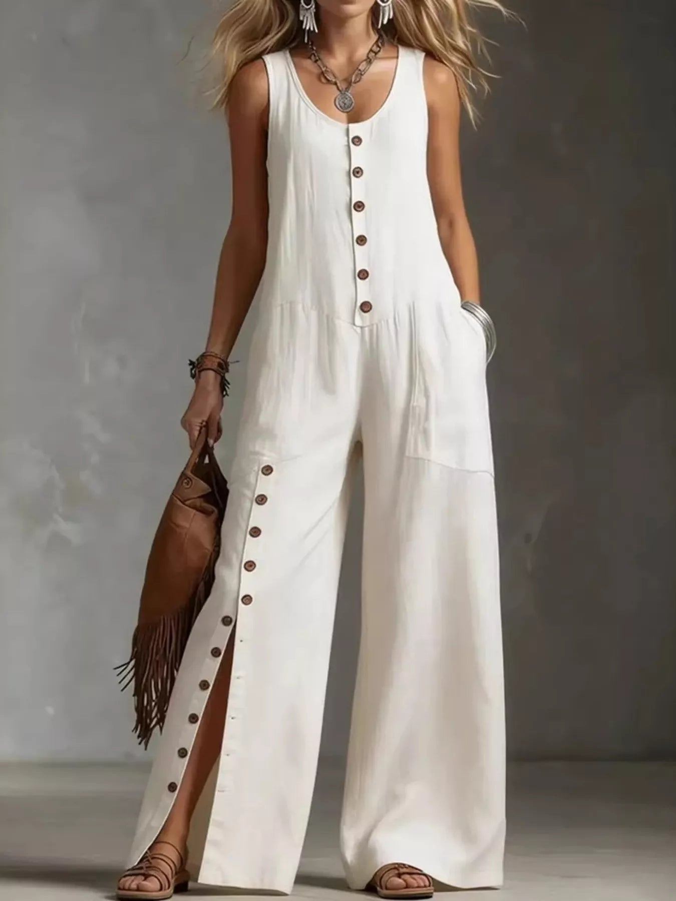 Full Size Sleeveless Button Front Wide Leg Jumpsuit Plus Size