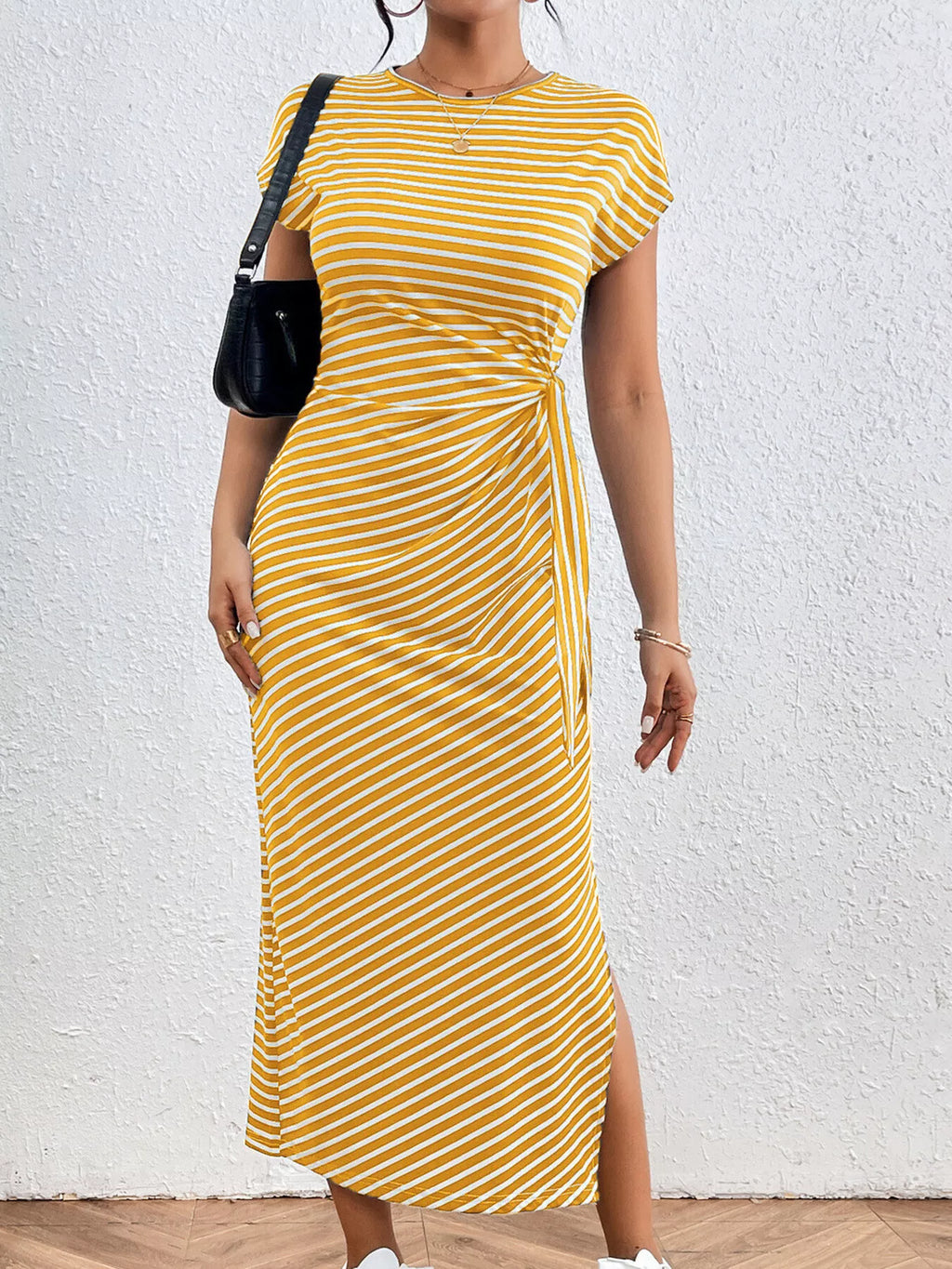 Striped Tie Side Casual Midi Dress
