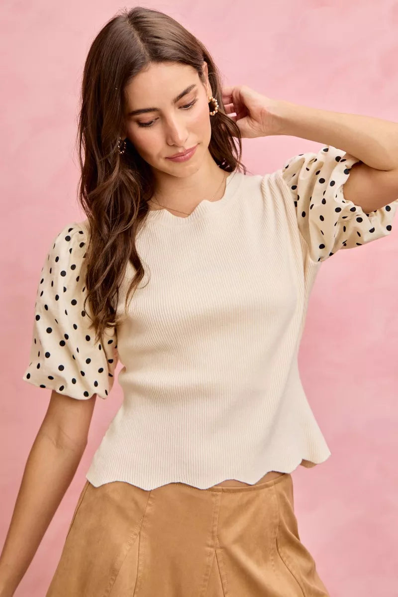 SO ME Polka Dot Contrast Woven Ballon Sleeve Blouse