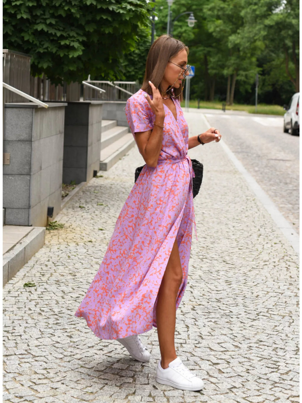 Surplice Short Sleeve Midi Dress