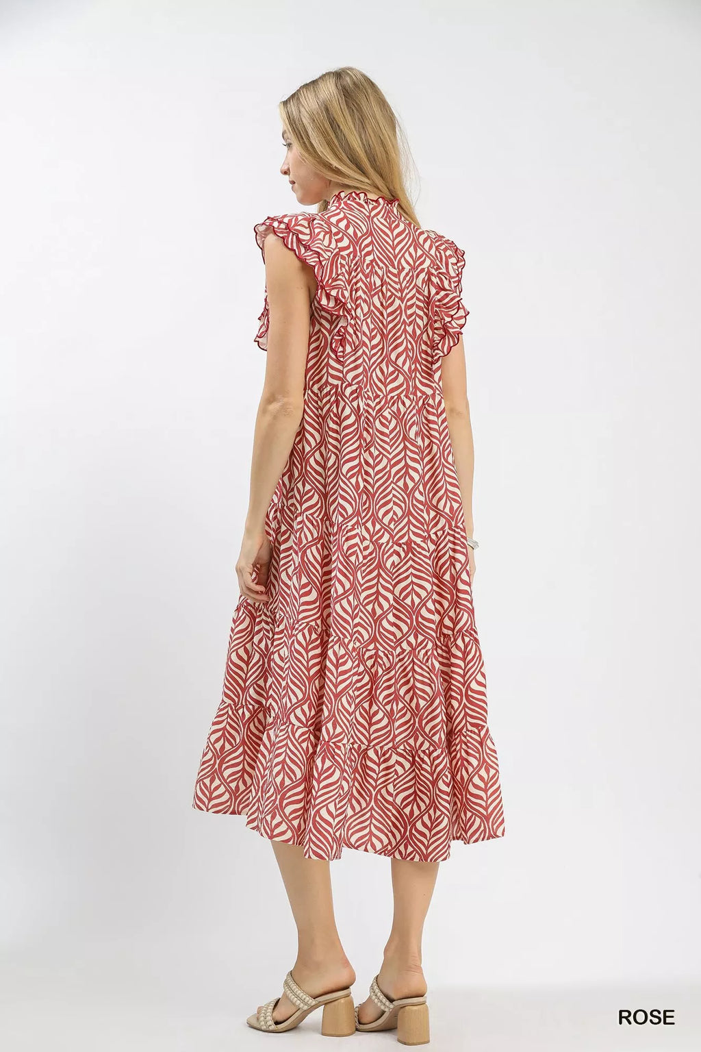 Umgee Leaf Print Tiered Midi Dress with Ruffle Detail