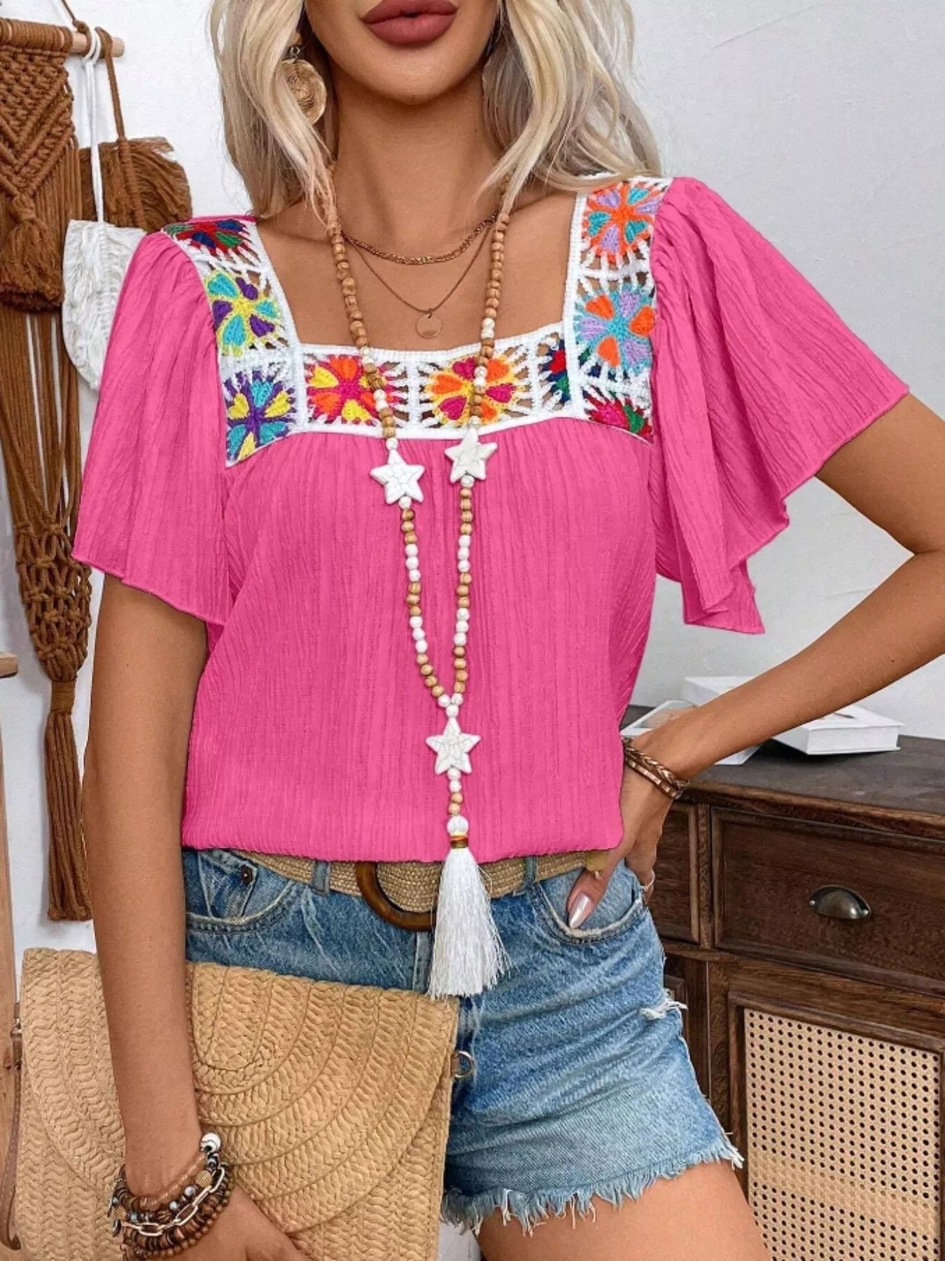 Embroidered Square Neck Flutter Sleeve Blouse