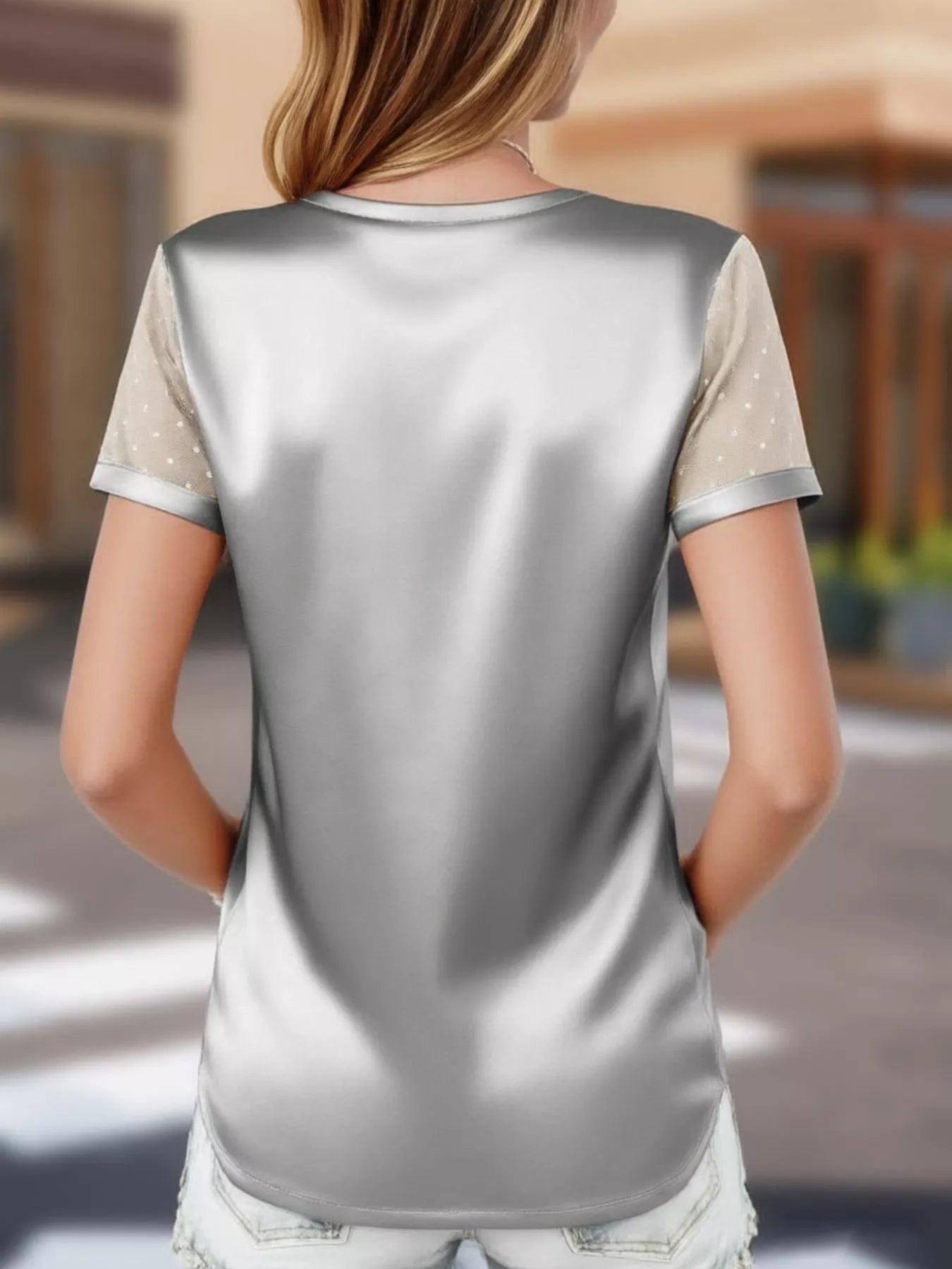 Satin V-Neck Sheer Short Sleeve Top