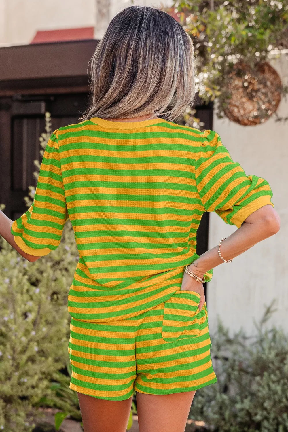 Striped Puff Sleeve Top and Drawstring Shorts Set