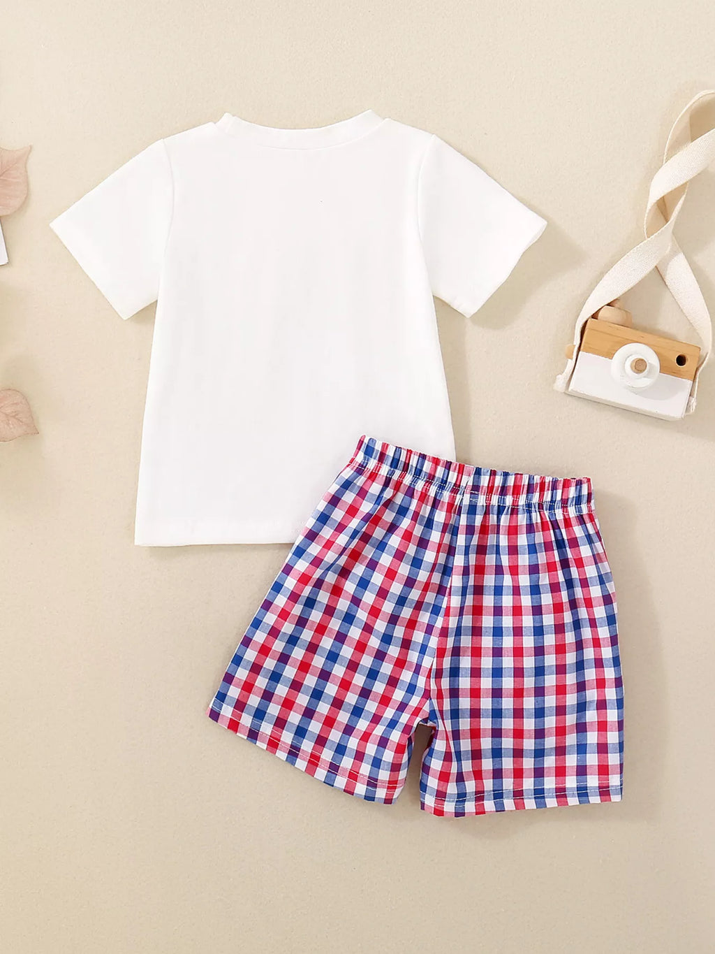 Children's Fireworks Round Neck Tee and Plaid Shorts Set