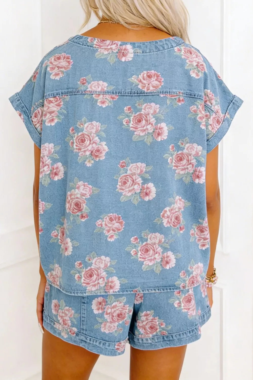 Floral Print Top and Shorts Denim Set