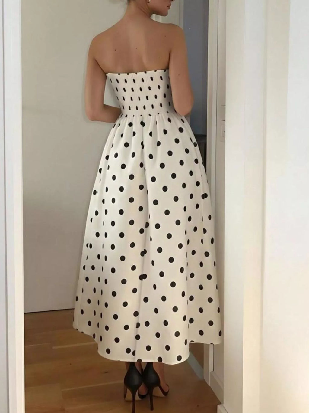 Polka Dot Strapless Midi Dress