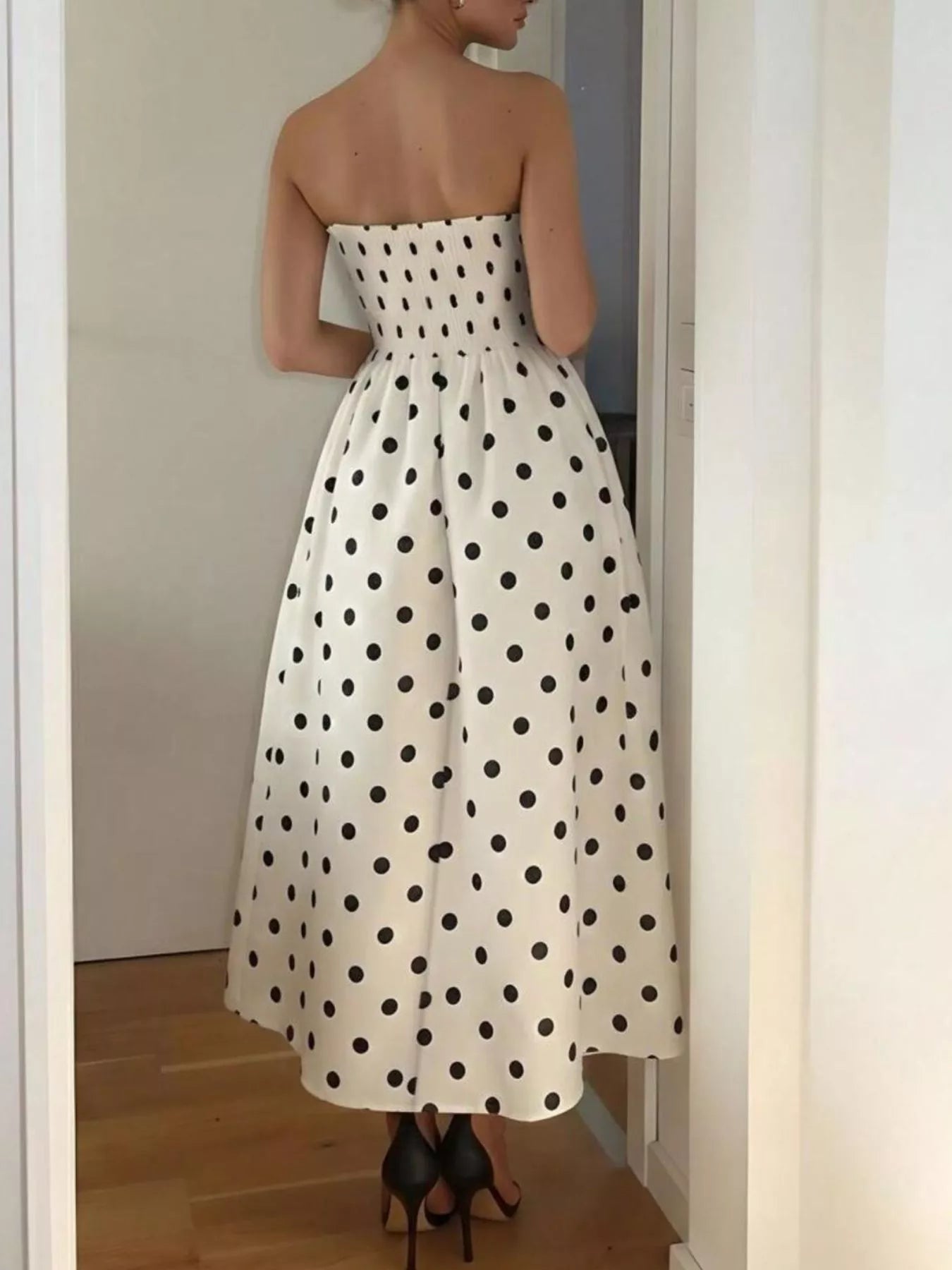 Polka Dot Strapless Midi Dress