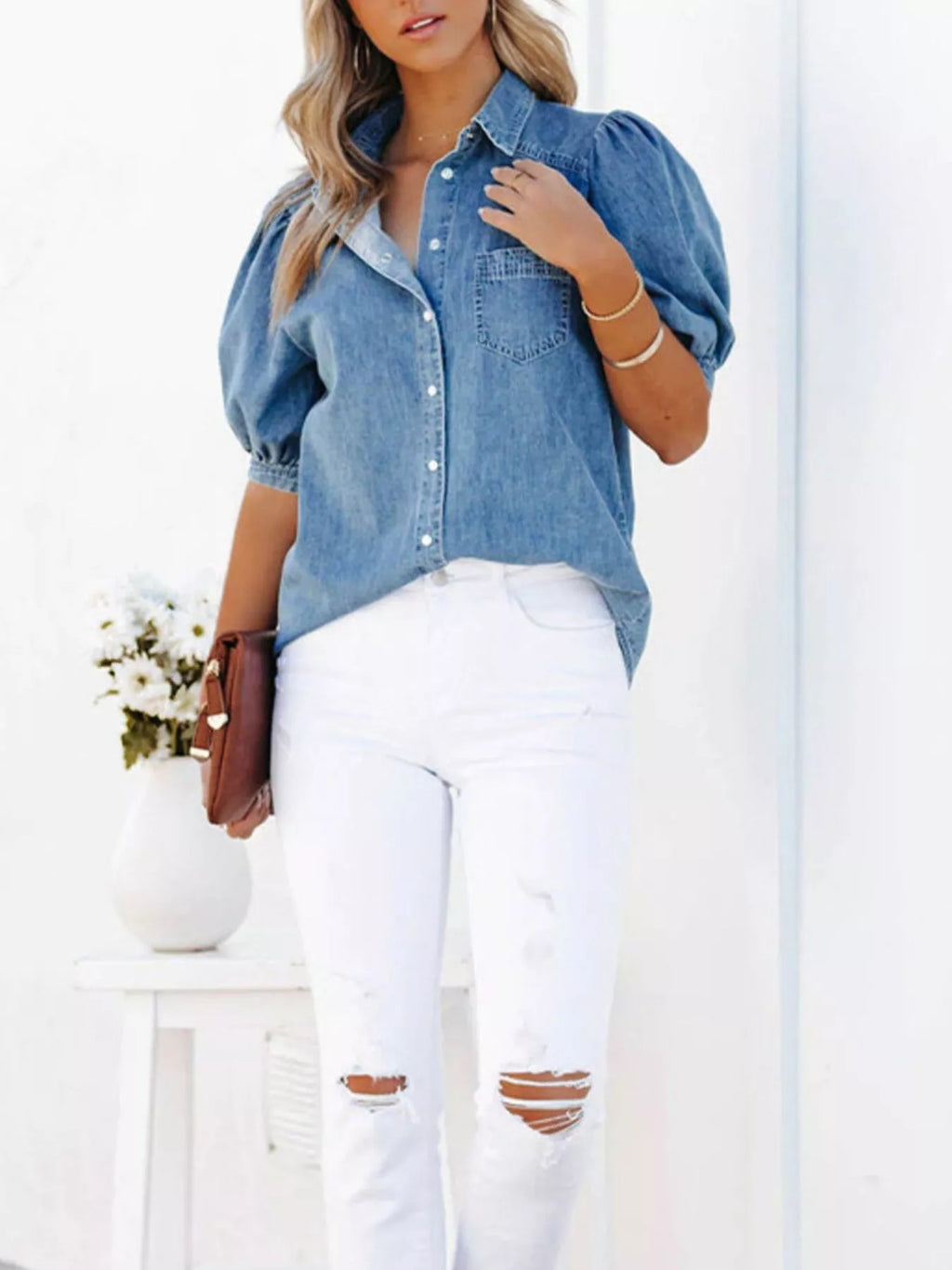 Puff Sleeve Button-Down Denim Top