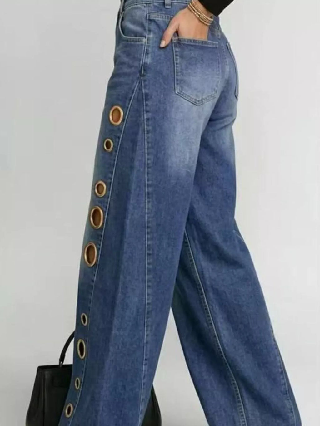 Wide Leg Jeans with Eyelet Details