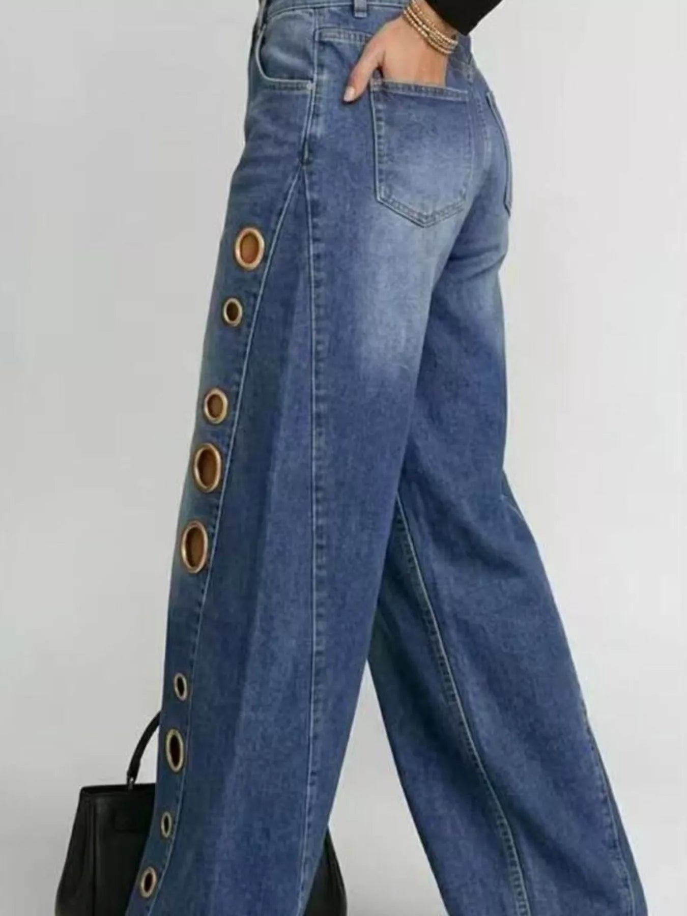 Wide Leg Jeans with Eyelet Details