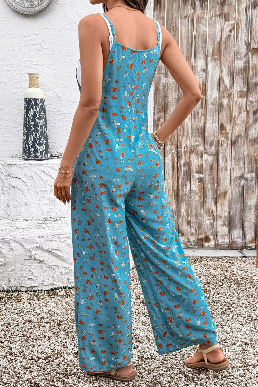 Floral Print Spaghetti Straps Loose Pocketed Jumpsuit
