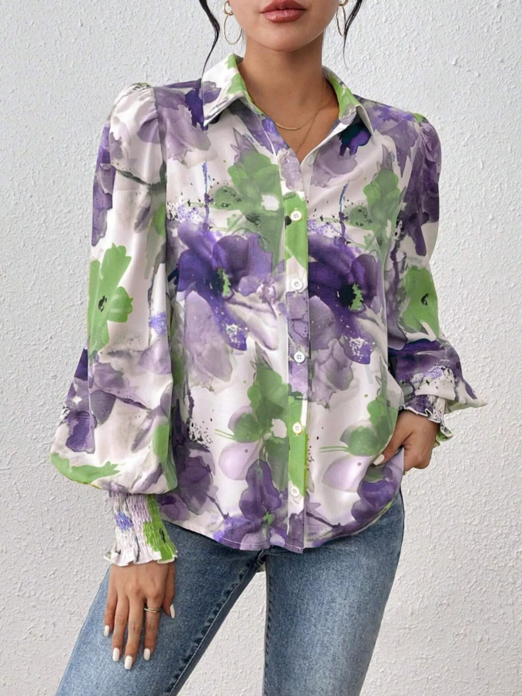 Printed Button Up Lantern Sleeve Shirt