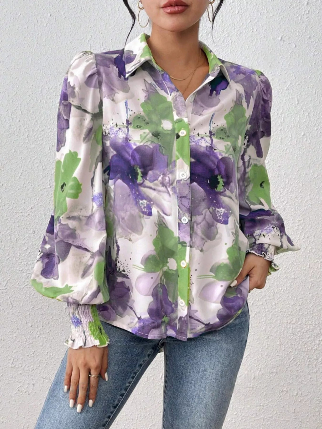 Printed Button Up Lantern Sleeve Shirt