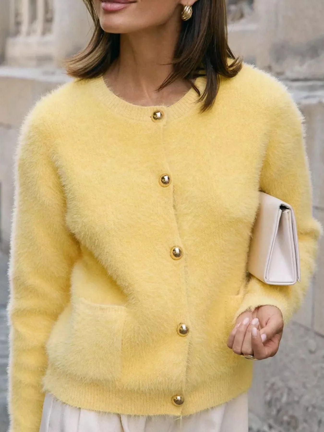 Fluffy Knit Button Up Cardigan