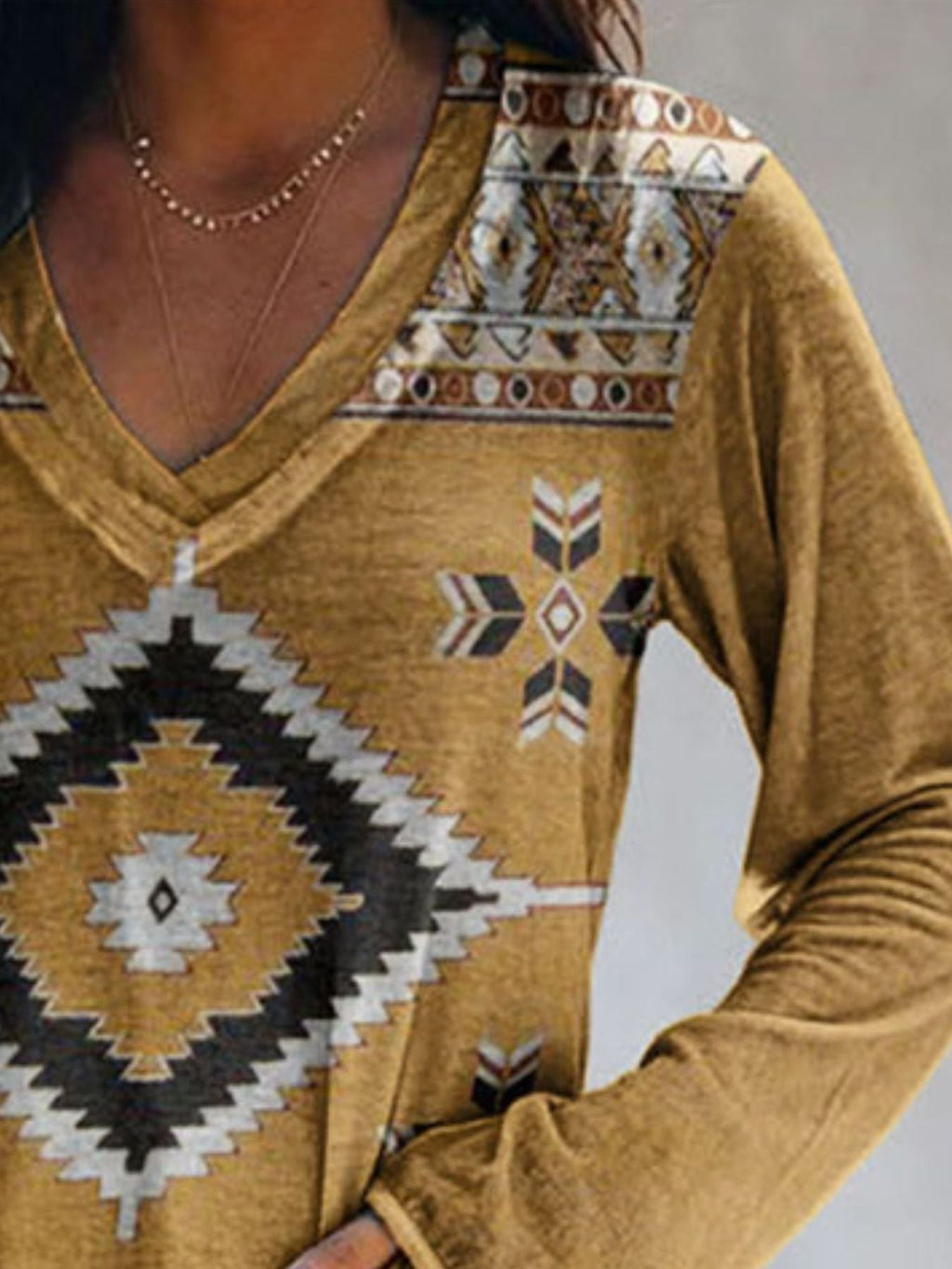 Full Size Geometric V-Neck Long Sleeve T-Shirt Plus Size