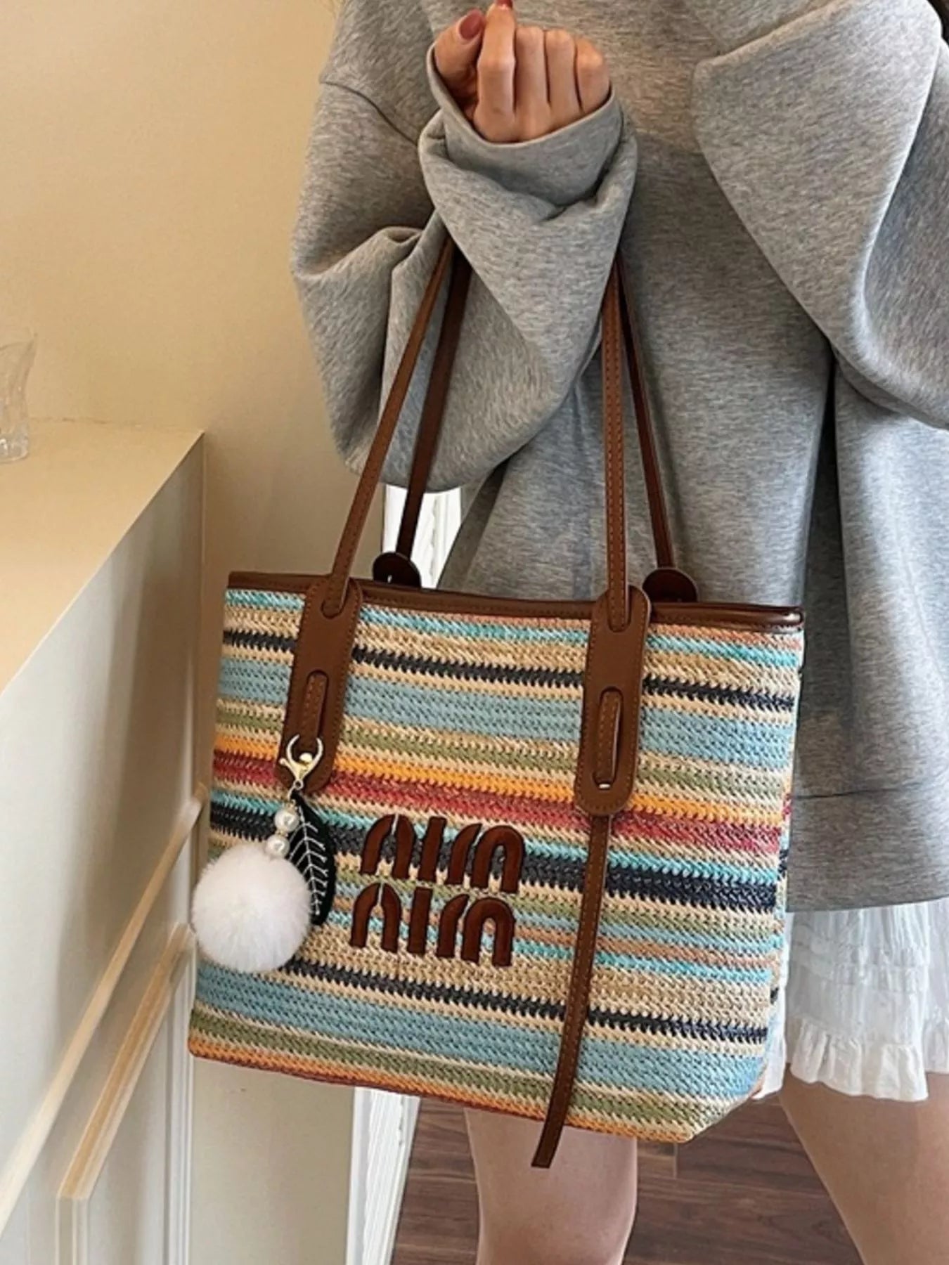 Striped Woven Shoulder Bag