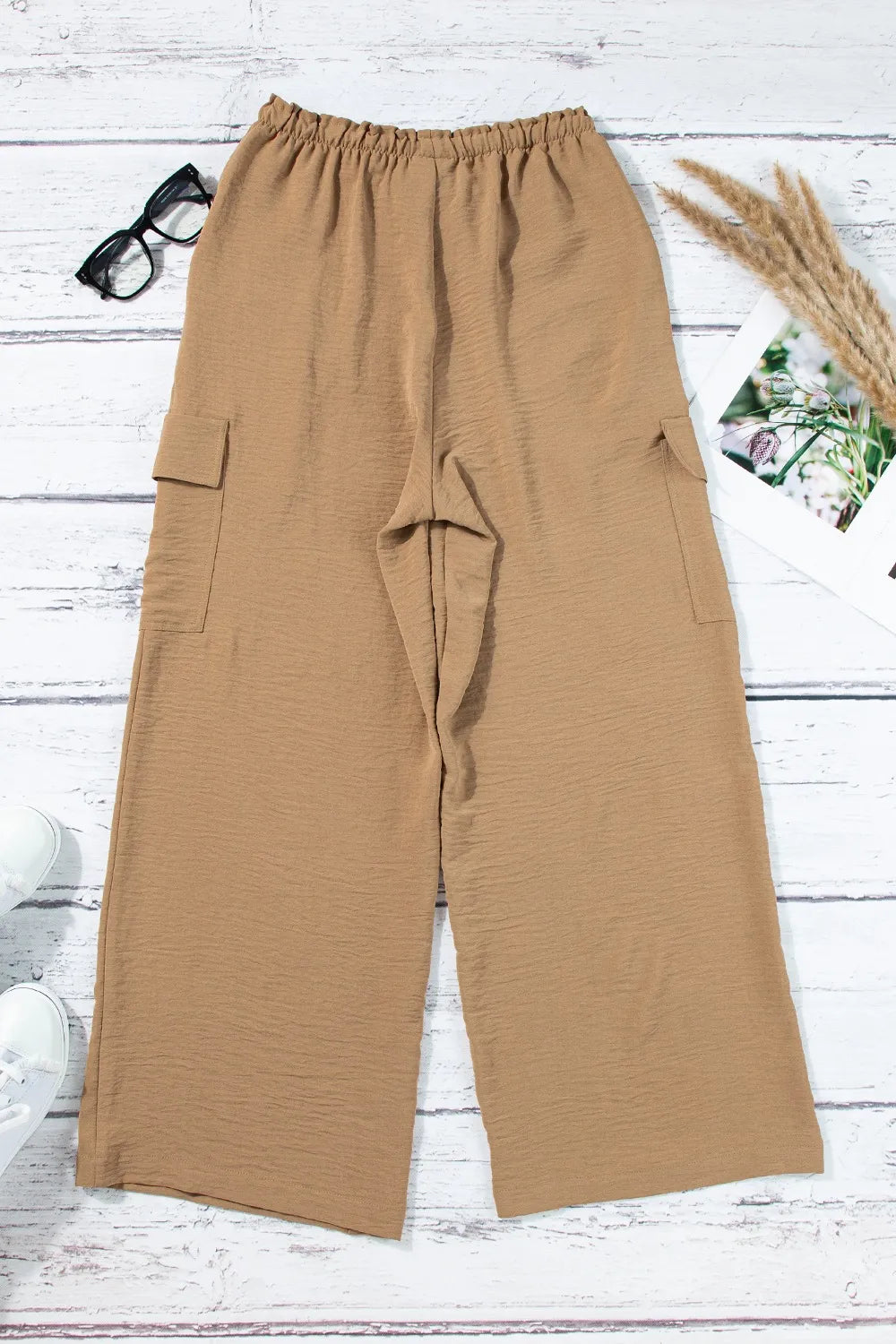 Drawstring Frilled Waist Wide Leg Utility Trousers