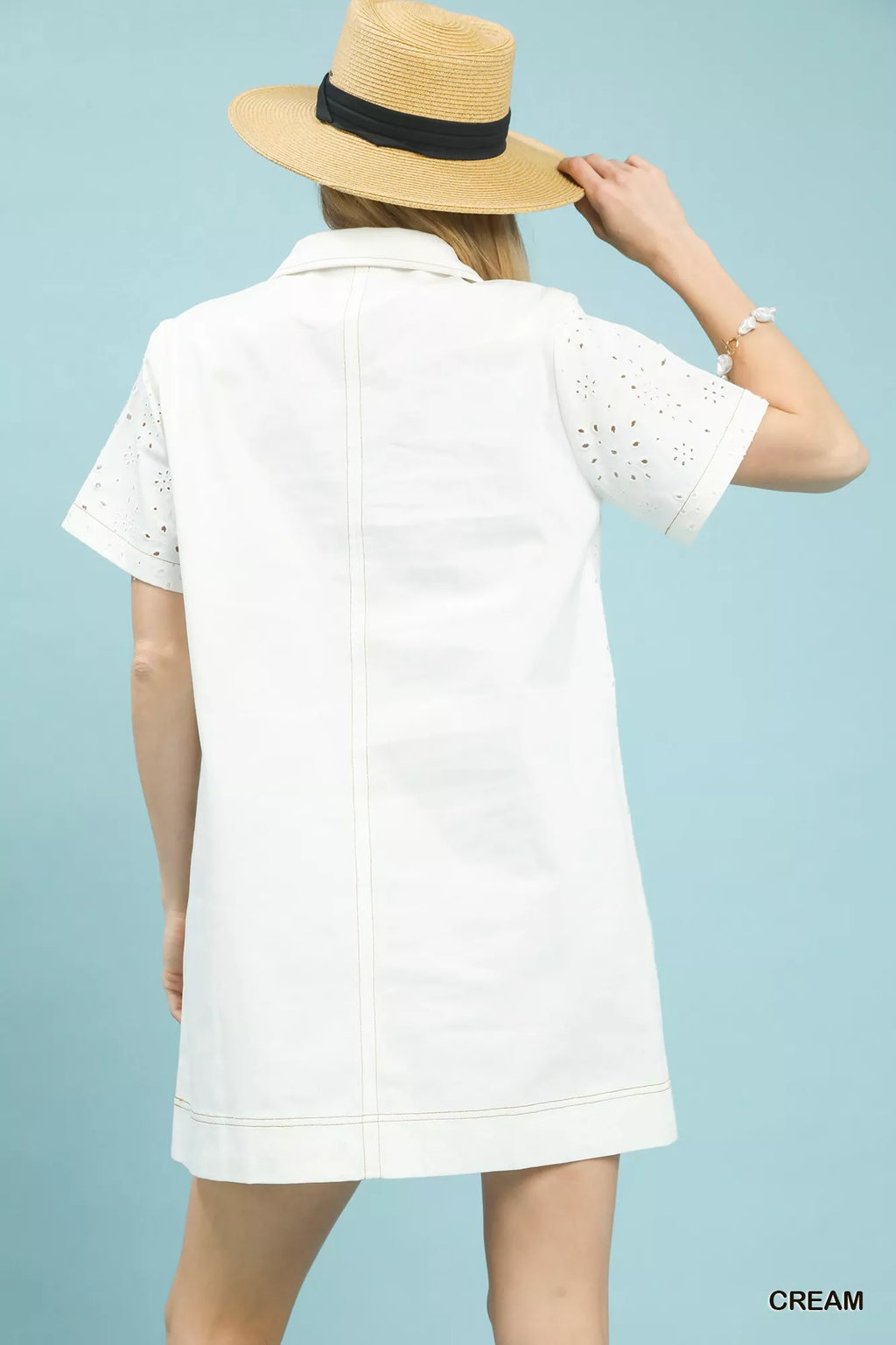 Umgee Eyelet Short Sleeve Shift Dress with Pocket