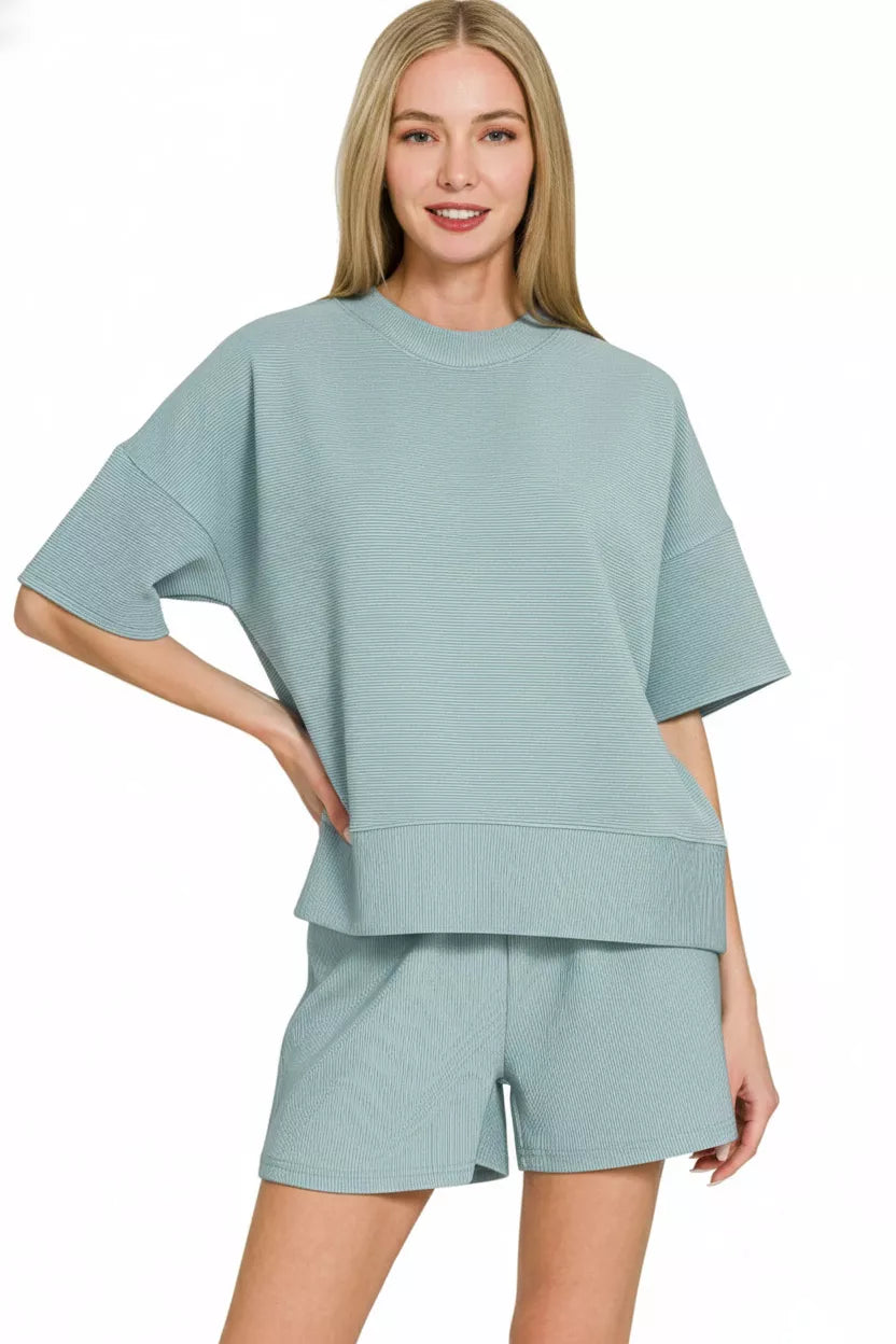 Zenana Ribbed Round Neck Waist Banded Tee & Shorts Set