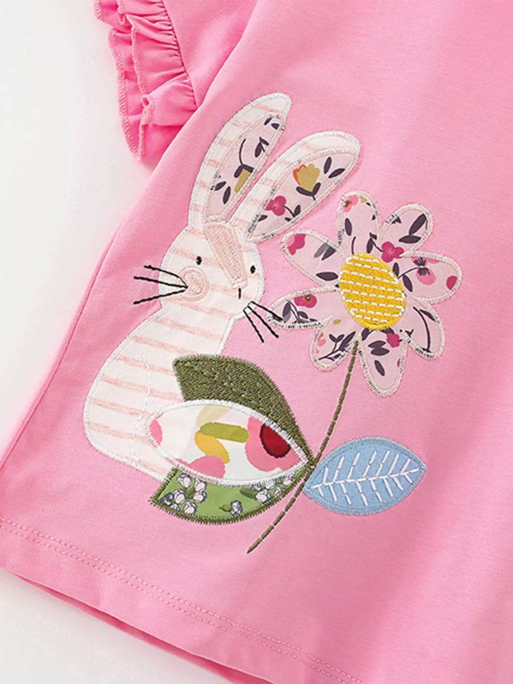 Children's Cute Bunny & Flower Applique Ruffle Sleeve T-Shirt