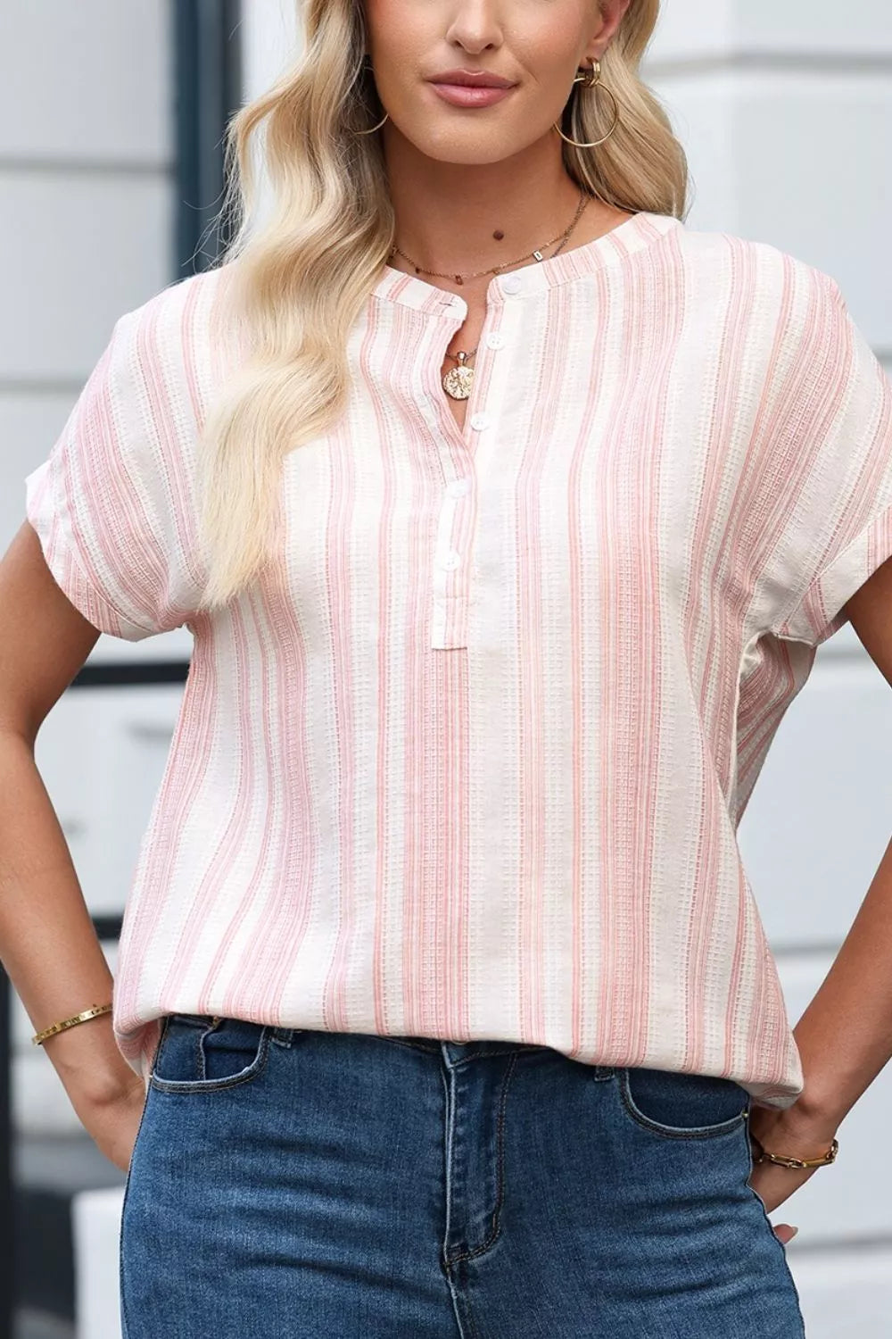 Striped Button Detail Short Sleeve Blouse