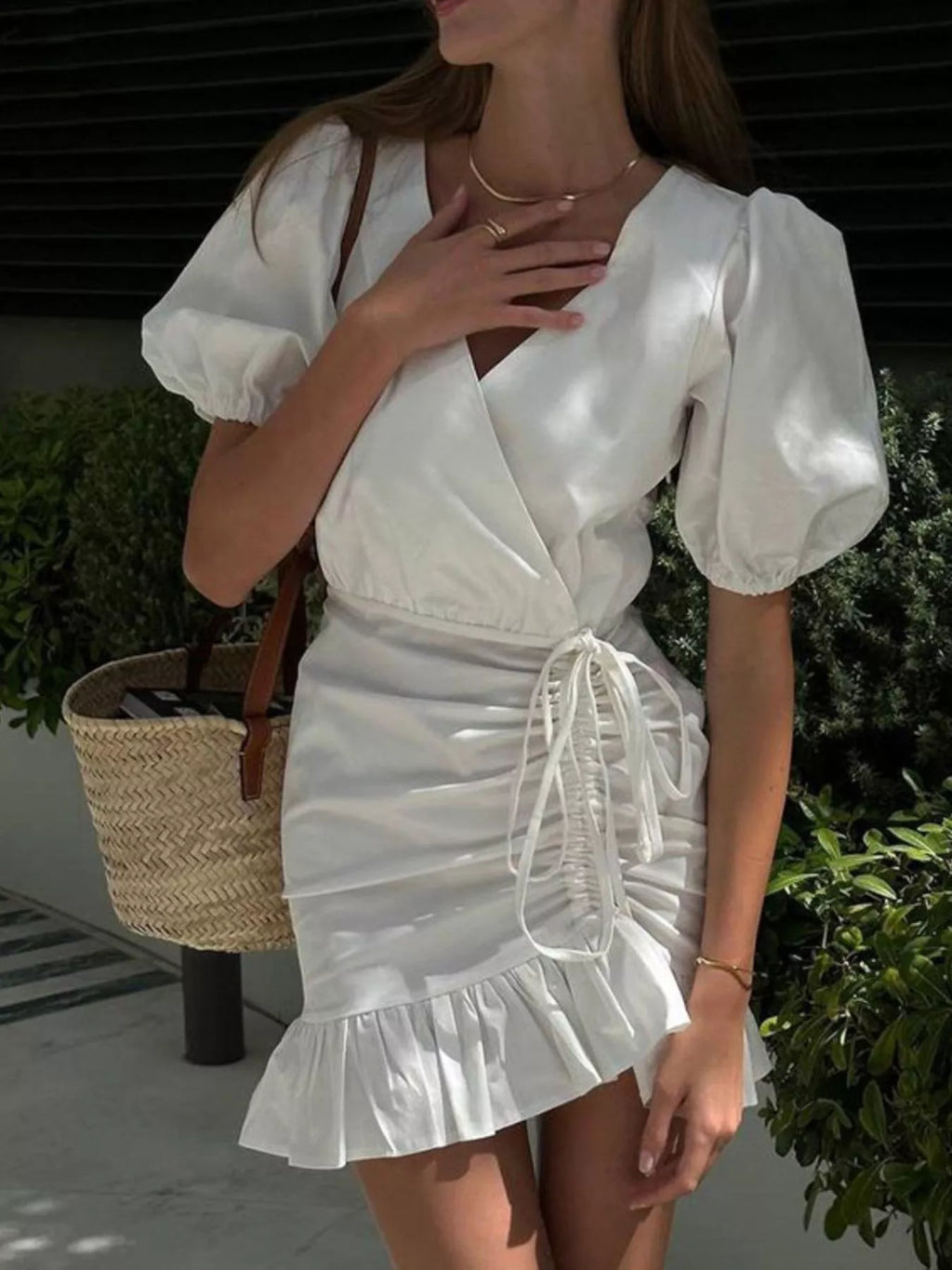Ruffled Hem Ruched Puff Sleeve Mini Dress