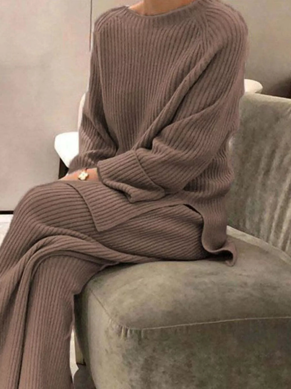 Full Size Ribbed Knit Relaxed Fit Top and Pants Sweater Set Plus Size