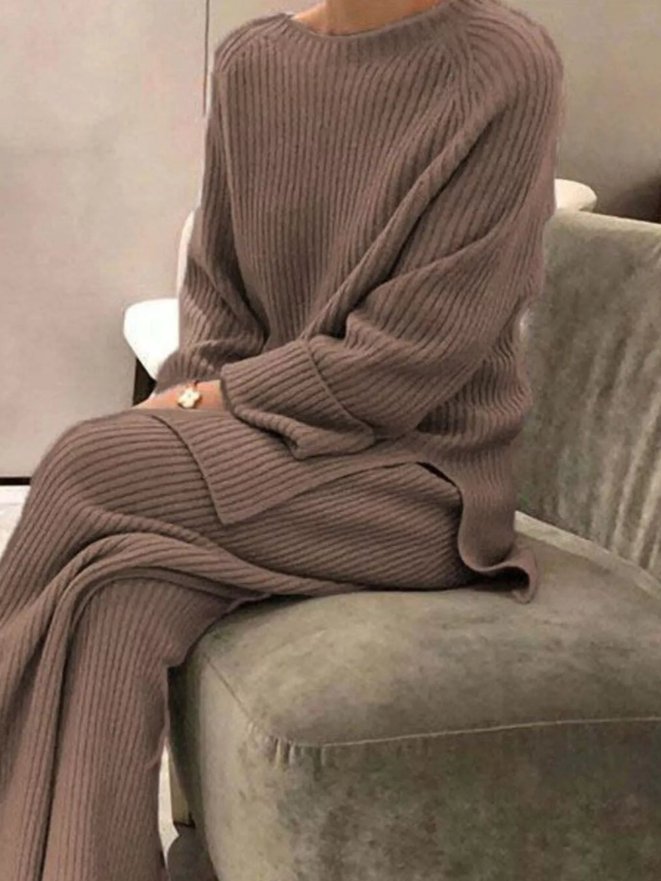 Full Size Ribbed Knit Relaxed Fit Top and Pants Sweater Set Plus Size