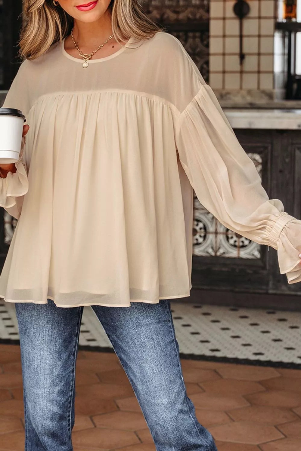 Round Neck Ruffle Sleeve Blouse