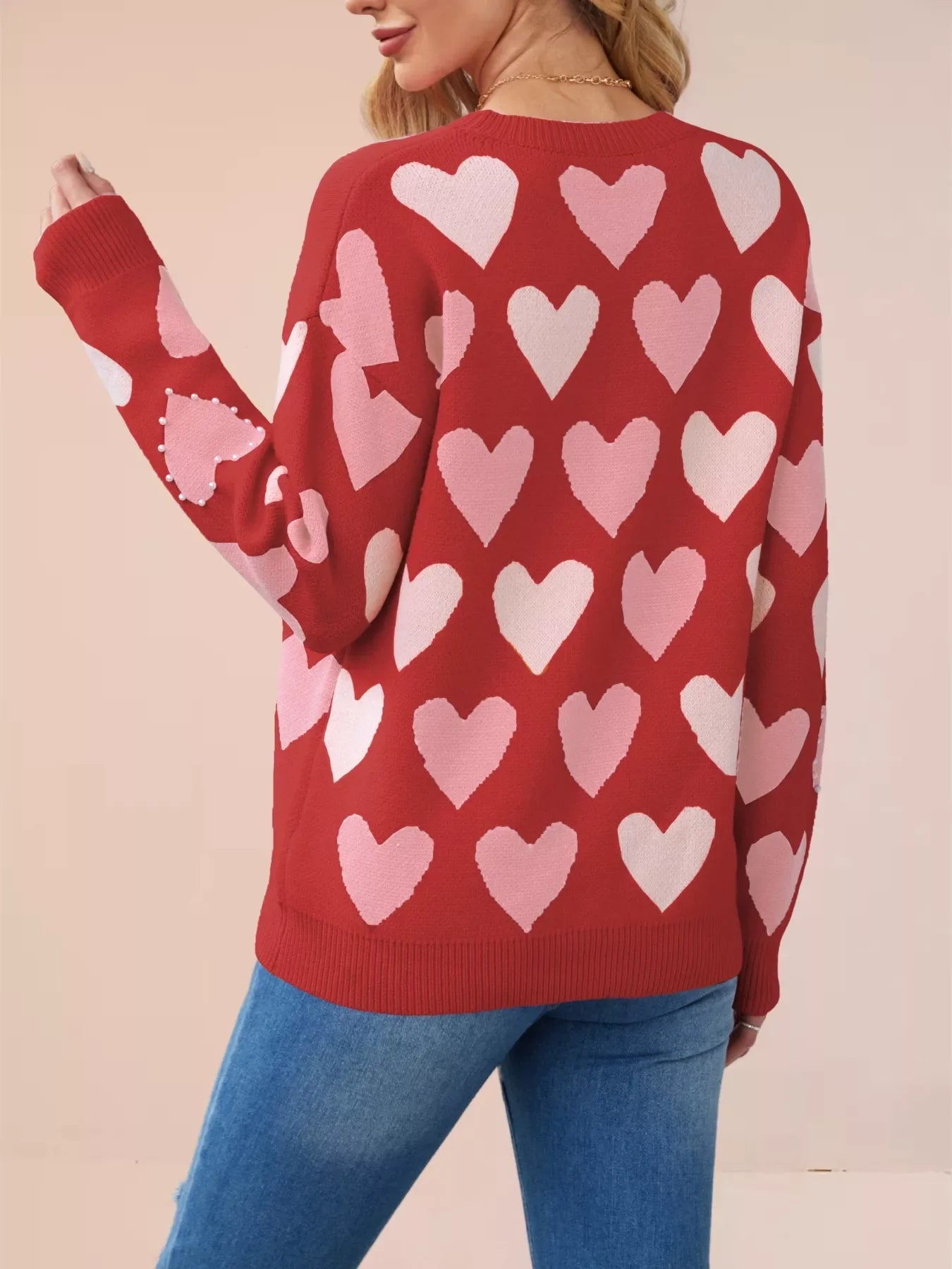 Heart Pattern Beaded Round Neck Sweater