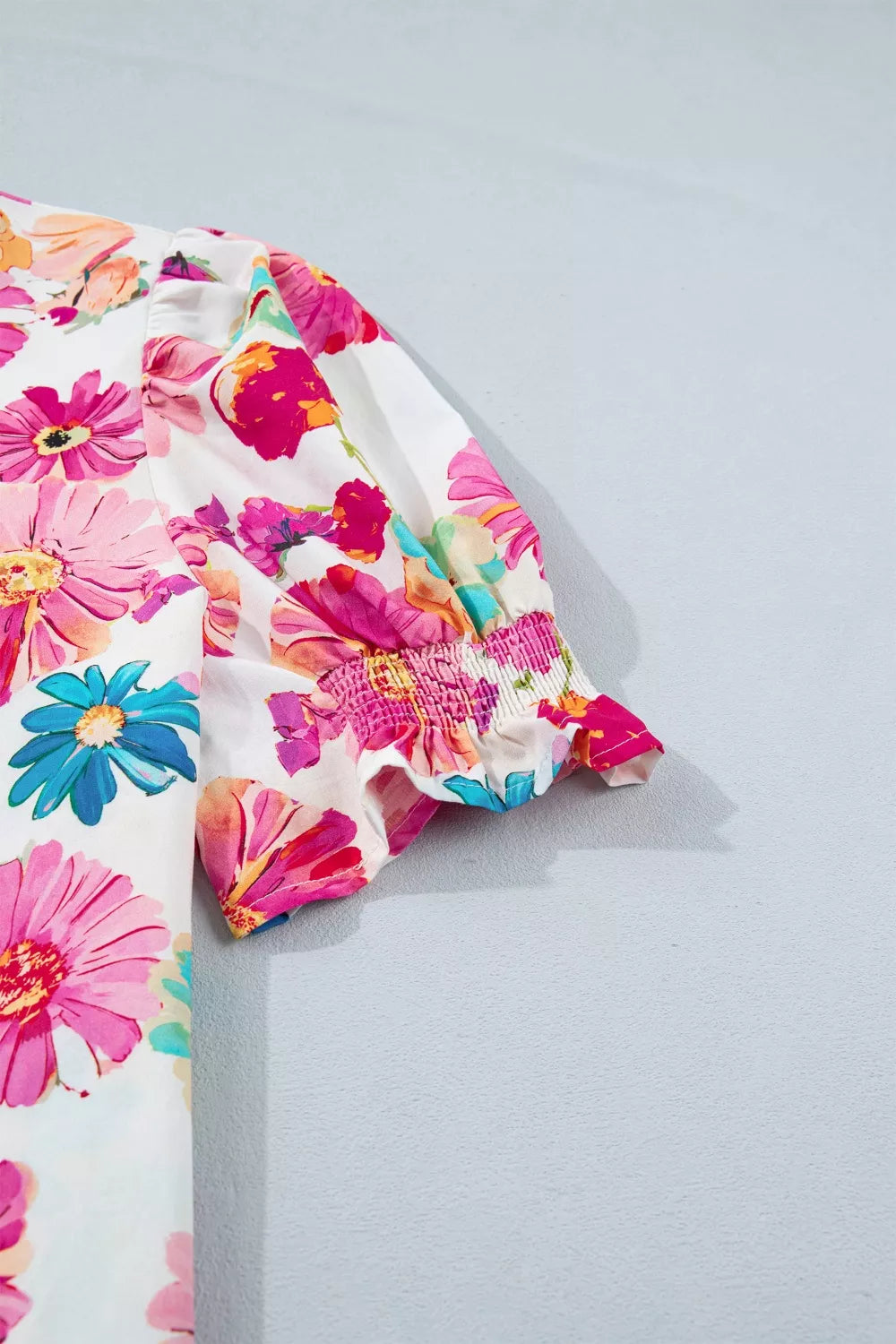 Floral Print Short Puff Sleeve Striped Trim V Neck Blouse