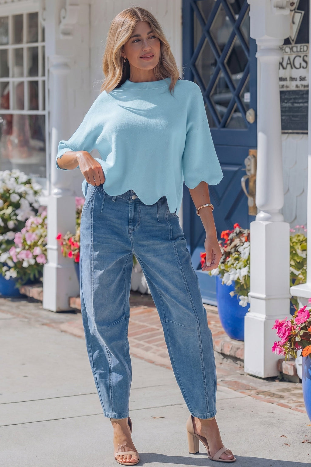 Solid Scalloped Hem 3/4 Sleeve Sweater Top